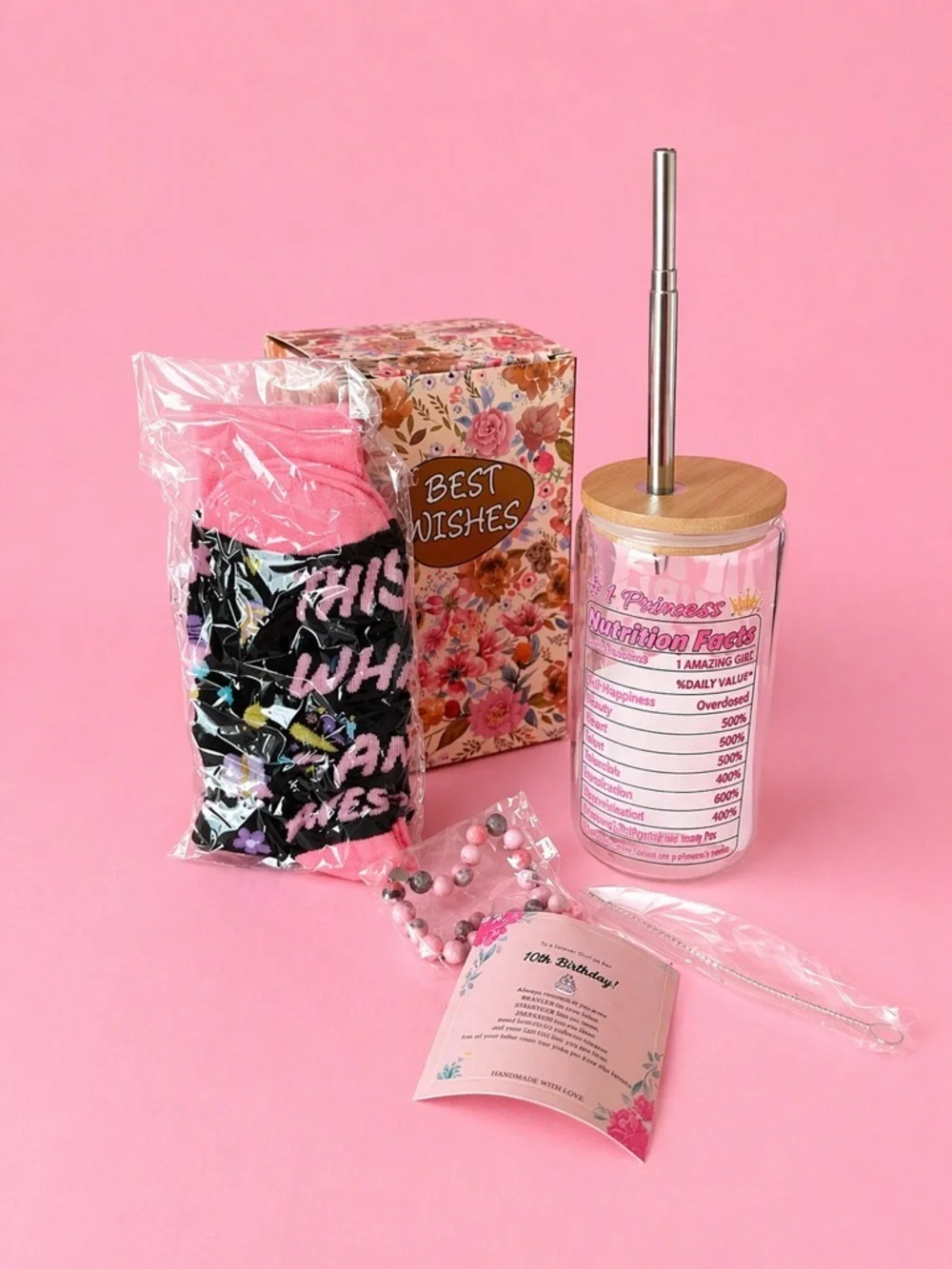 Pink Floral Gift Set with Pink Text Glass Jar